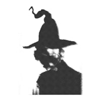 a black and white image of a witch wearing a hat